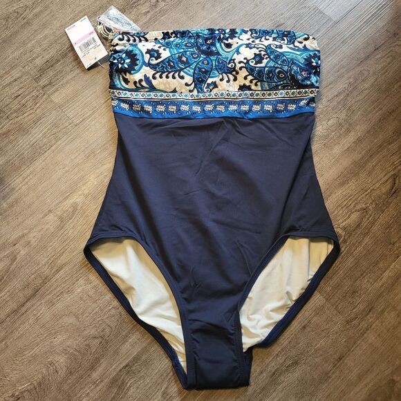W/flaws Michael Kors Womens Bandeau One Piece Swimsuit 6 Blue M6023-f - Picture 2 of 5